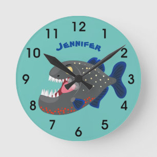 Horloge Ronde Hungry funny piranha cartoon illustration