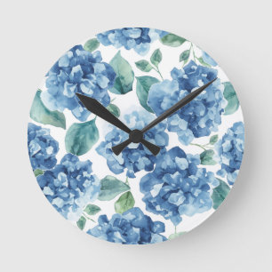 Horloge Ronde Hydrangea Blues Motif Fleur Fleurs Aquarelle