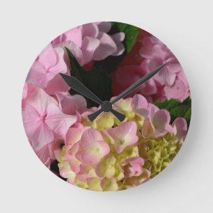 Horloge Ronde Hydrangées roses et crème