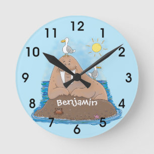 Horloge Ronde Illustration amusante de walrus joyeux