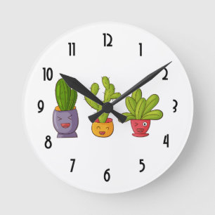 Horloge Ronde Illustration amusante des trois petits cactus en p