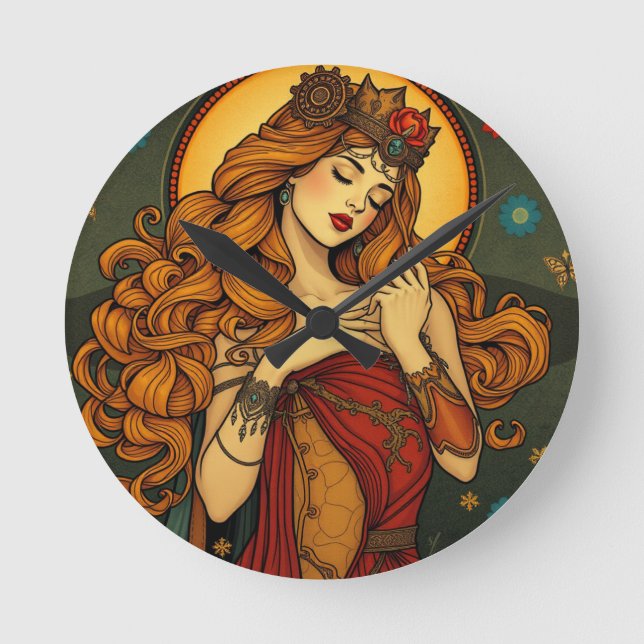 Horloge Ronde Illustration Art Nouveau Floral Femme (Recto)