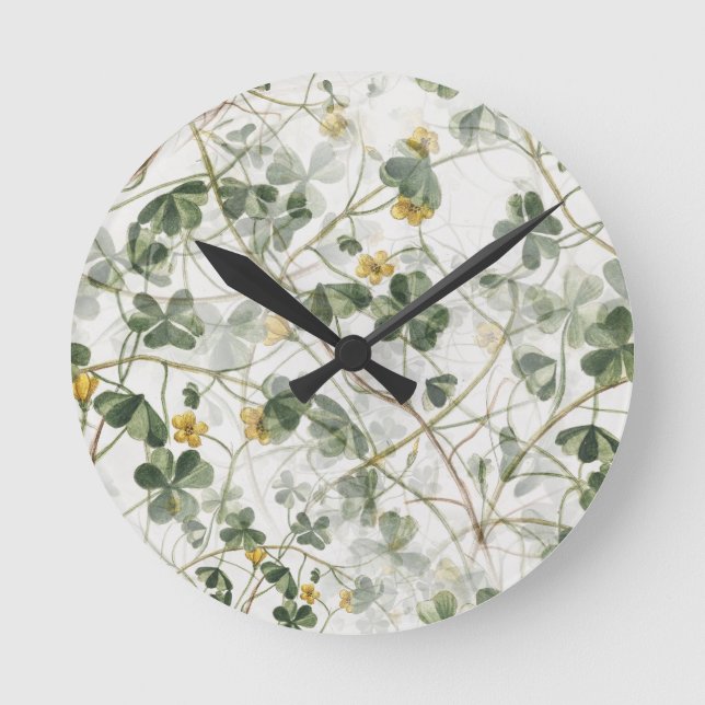 Horloge Ronde Illustration botanique en or vert Vintage (Recto)