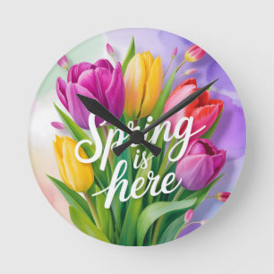 Horloge Ronde Illustration de bouquet de tulipes "Le printemps e