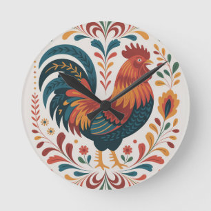 Horloge Ronde Illustration de coq d'art folklorique traditionnel