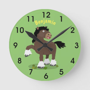 Horloge Ronde Illustration de dessin animé de cheval de trait Cl