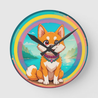 Horloge Ronde Illustration de dessin coloré de chien gai