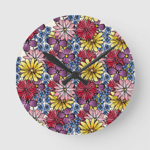 Horloge Ronde Illustration de Fleur sauvage rouge bleu rose Lila