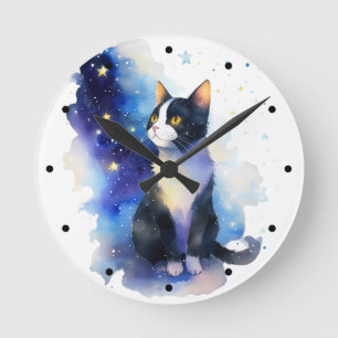 Horloge Ronde Illustration de l'aquarelle de chat Tuxedo adorabl