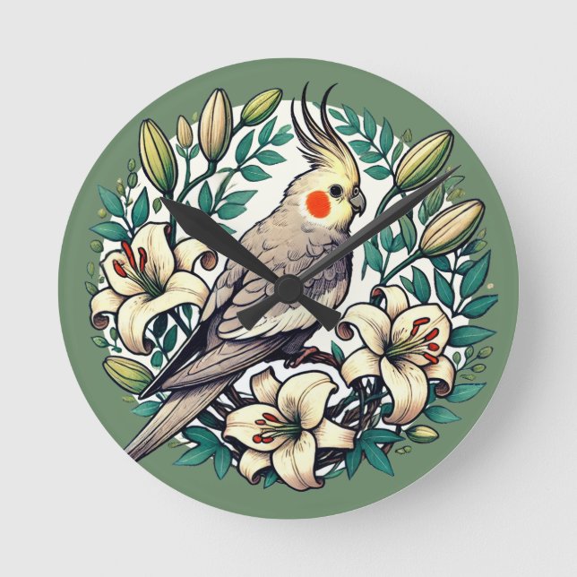 Horloge Ronde Illustration d'oiseaux de Cockatiel (Recto)