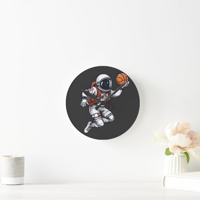 Horloge Ronde Illustration du basket-ball des astronautes (Maison)
