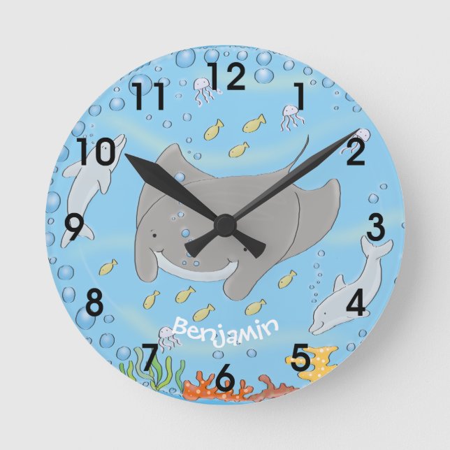 Horloge Ronde Illustration d'une mignonne raie manta et de bulle (Recto)