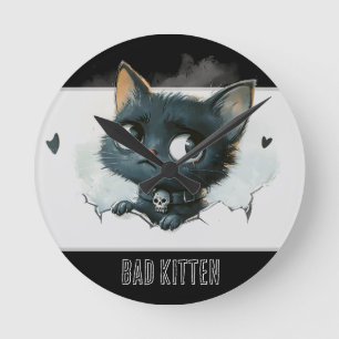 Horloge Ronde Illustration Edgy Kitten - Texte "Bad Kitten"