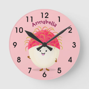 Horloge Ronde Illustration mignon du ramboutan rose
