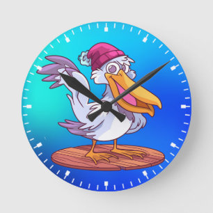 Horloge Ronde Illustration Pélican de Noël dessinée à la main -