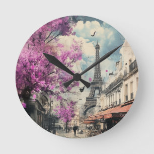 Horloge Ronde Image romantique de Paris avec la tour Eiffel