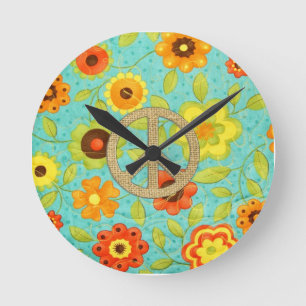 Horloge Ronde Impression florale super Girly colorée de paix