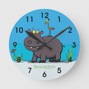 Horloge Ronde Ippopotame drôle mignon avec dessin animé oiseau a