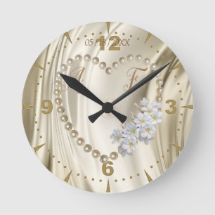 Horloge Ronde Ivoire, Vert, Bleu, Or Soie & Perles