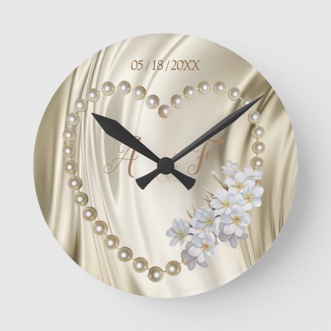Horloge Ronde Ivoire, Vert, Bleu, Or Soie & Perles (Recto)