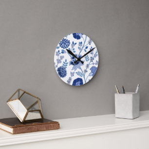 Horloge Ronde Jacobean Floral Lg Motif Bleu sur Blanc