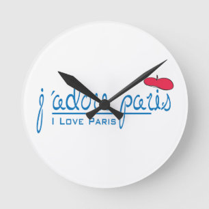 Horloge Ronde j'adore Paris (J'aime Paris) avec béret rouge