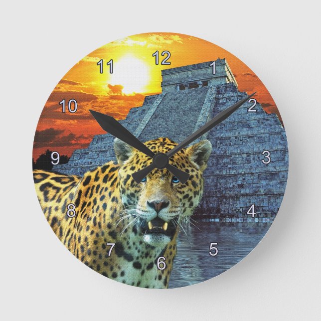 Horloge Ronde Jaguar & Chichen Itza Temple Wildlife Wall Clock (Recto)