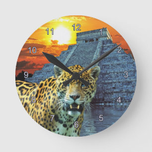Horloge Ronde Jaguar & Chichen Itza Temple Wildlife Wall Clock
