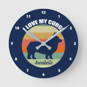 Horloge Ronde J'Aime Mon Corgi mignon Chien Couché de Soleil Pe
