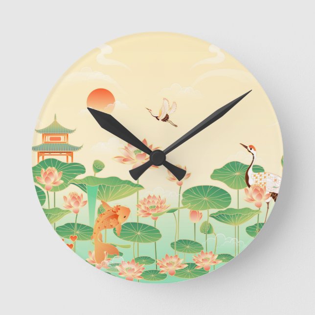 Horloge Ronde Japanese Garden Koi Pond and Waterlilies Art (Recto)