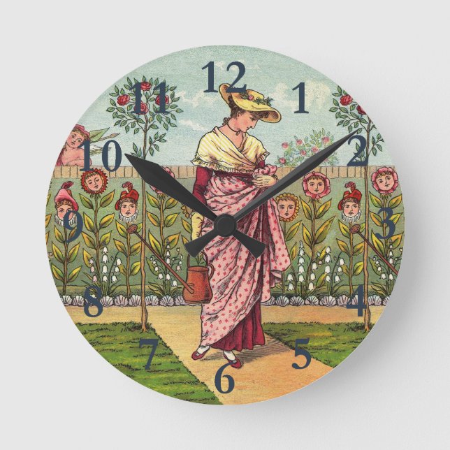 Horloge Ronde Jardin Croître Fleur Femme Art Antique (Recto)