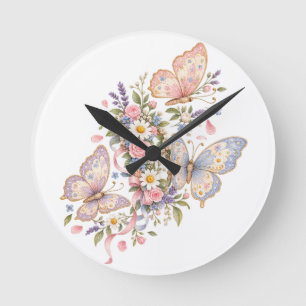 Horloge Ronde Jardin d'anniversaire papillon pastel