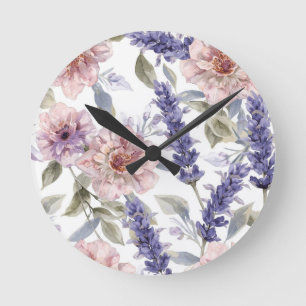 Horloge Ronde Jardin floral aquarelle pivoine lavande