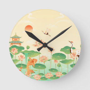 Horloge Ronde Jardin Japonais Étang de Carpes Koï et Nymphéas Ar