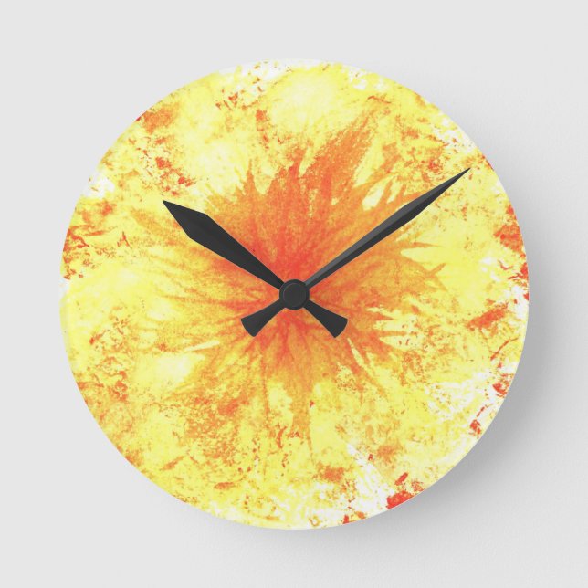 Horloge Ronde Jaune Orange Abstrait Art Aquarelle Laver Fleur (Recto)