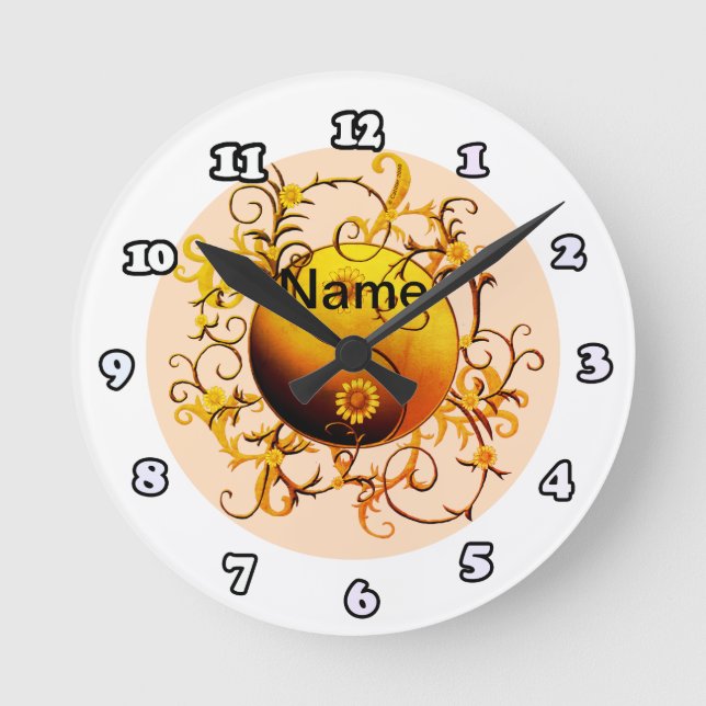 Horloge Ronde Jaune orange Tribal Yin Yang nom personnalisé (Recto)