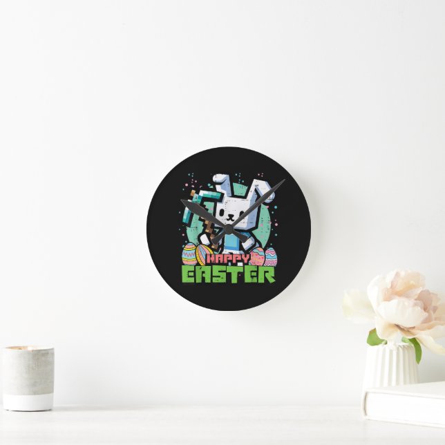 Horloge Ronde Jeu de pixels de lapin de Pâques heureux  (Maison)