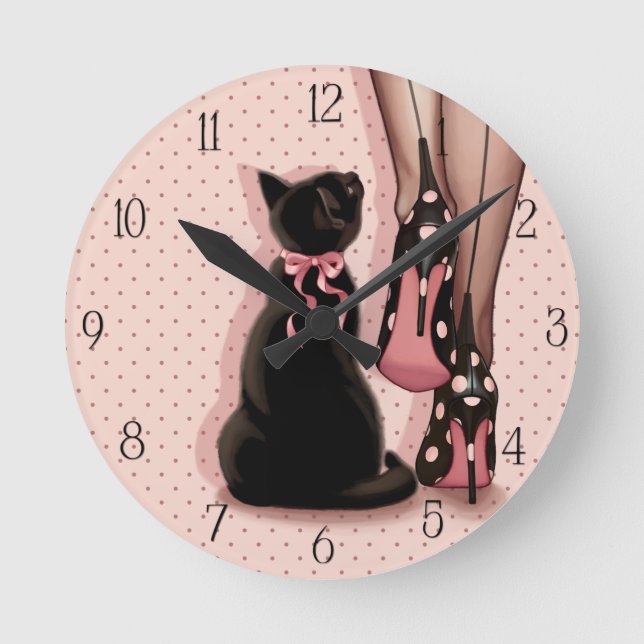 Horloge Ronde Jeune femme élégante et chat noir (Recto)