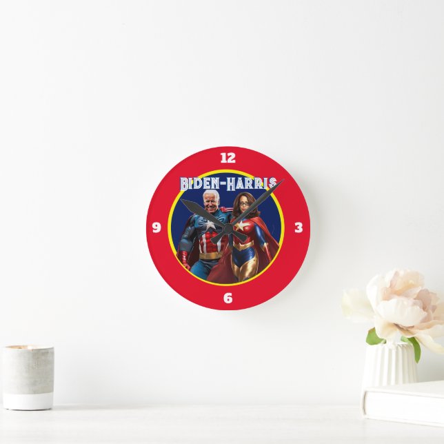 Horloge Ronde Joe Biden et Kamala Harris en super-héros (Maison)