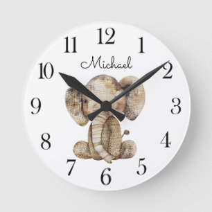 Horloge Ronde Joli animal à l'aquarelle Éléphant Nurserie