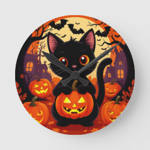 Horloge Ronde Joli Chat Noir avec des Citrouilles d'Halloween