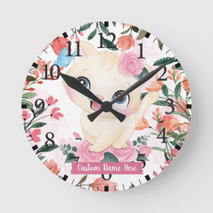Horloge Ronde Joli Chat Roses Roses Blush Fleurs Nom Personnalis