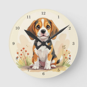 Horloge Ronde Joli chiot Beagle tricolore noir, fauve et blanc
