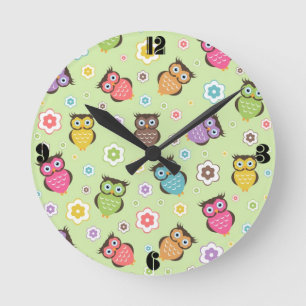 Horloge Ronde Joli chouettes et fleurs à la mode motif