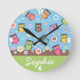 Horloge Ronde Joli chouettes et fleurs à la mode motif