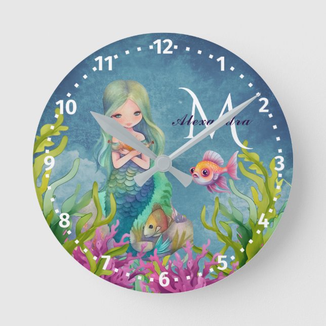 Horloge Ronde Joli monogramme prénom aquarelle sirène (Recto)