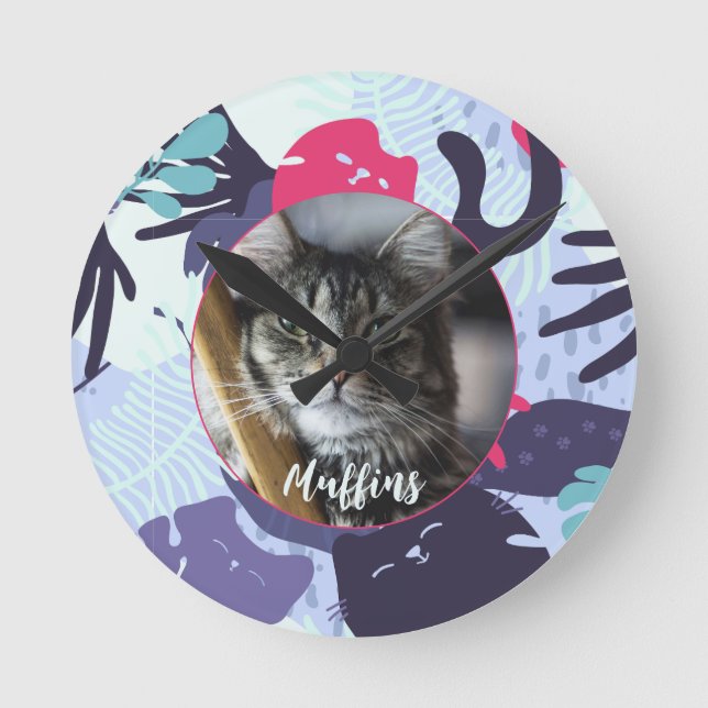 Horloge Ronde Joli motif de chat tropical, cadeau photo de anima (Recto)