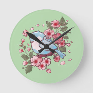 Horloge Ronde Joli oiseau bleu de printemps et aquarelle de fleu