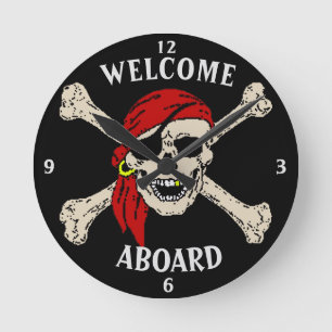 Horloge Ronde Jolly roger Pirate os crâne rouge Bandanna ronde
