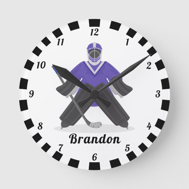 Horloge Ronde Joueurs de hockey sur glace violet Nom Hiver rayé (Recto)